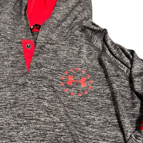 Under Armour Pullover Mens Size 2XL Freedom Tech Hoodie Light Weight Grey Red - Picture 2 of 6